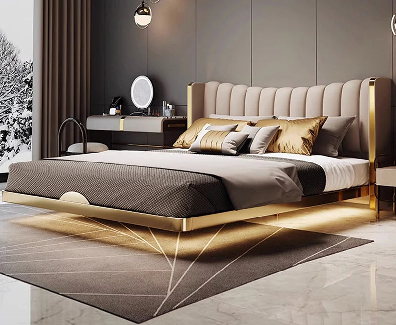 Royal King Size Upholstered Bed with Full Gold Metal Wrap Frame, Luxury Vertical Fluted Headboard, Premium Teakwood Non-Storage Platform Bed with Designer Metal Legs