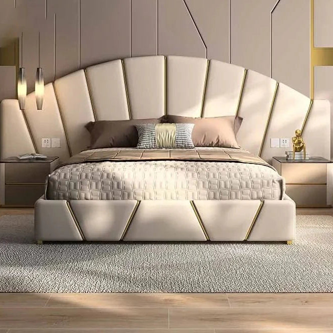 Royal King Size Upholstered Bed with Diagonal Gold Trim, Luxury&nbsp; Fan-Shaped Headboard, Premium Non-Storage Teakwood Bed&nbsp;