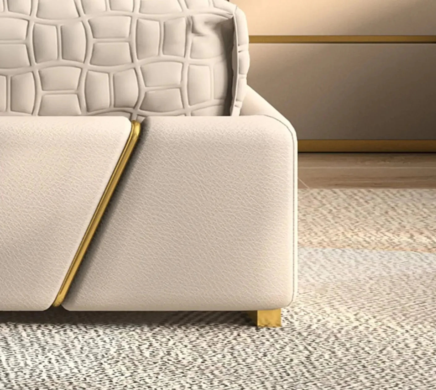 Royal King Size Upholstered Bed with Diagonal Gold Trim, Luxury Fan-Shaped Headboard, Premium Non-Storage Teakwood Bed&nbsp;