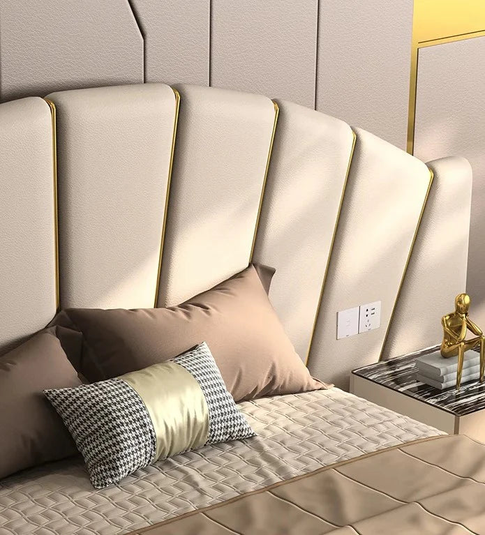 Royal King Size Upholstered Bed with Diagonal Gold Trim, Luxury Fan-Shaped Headboard, Premium Non-Storage Teakwood Bed&nbsp;