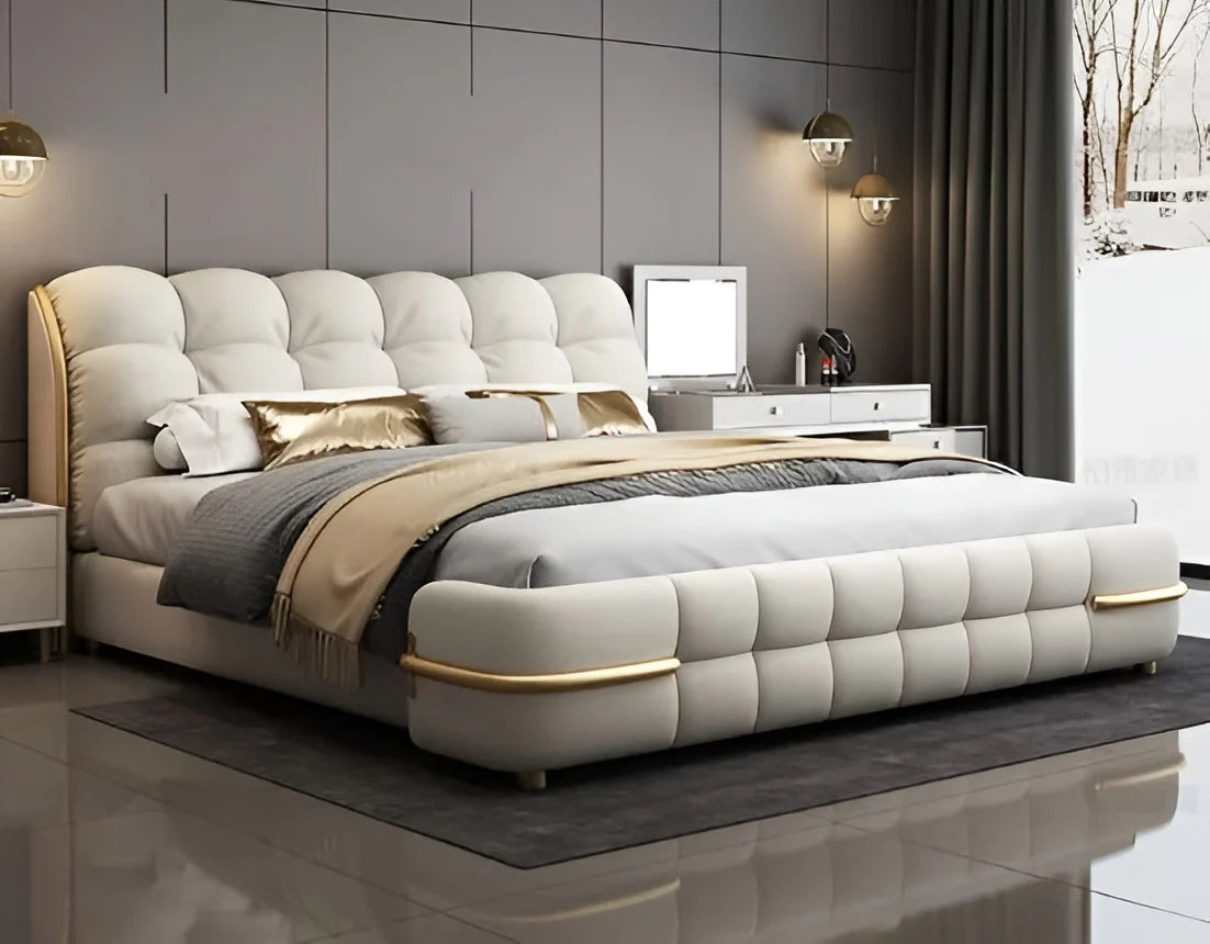 Premium King Size Bubble Tufted Cloud Bed with Gold Wrap-Around Rails, Modern Leather Upholstered Non-Storage Designer Bed Frame, Luxury Teakwood Master Bed with Metal Small Legs