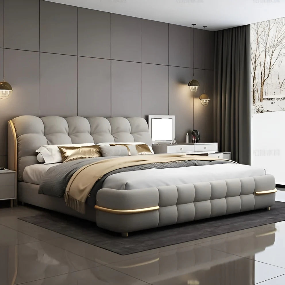 Premium King Size Bubble Tufted Cloud Bed with Gold Wrap-Around Rails, Modern Leather Upholstered Non-Storage Designer Bed Frame, Luxury Teakwood Master Bed with Metal Small Legs