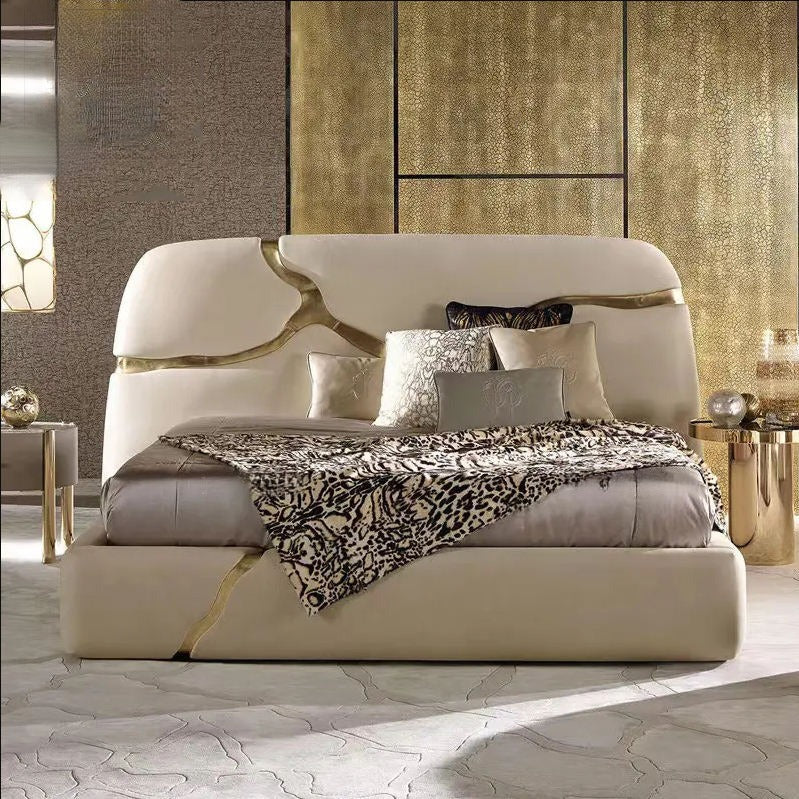 Luxe Gilded Contour King Size Bed in Premium Cream Velvet with Gold Metallic Inlays – Modern Designer Upholstered Bed (with &amp; without Hydraulic Storage)