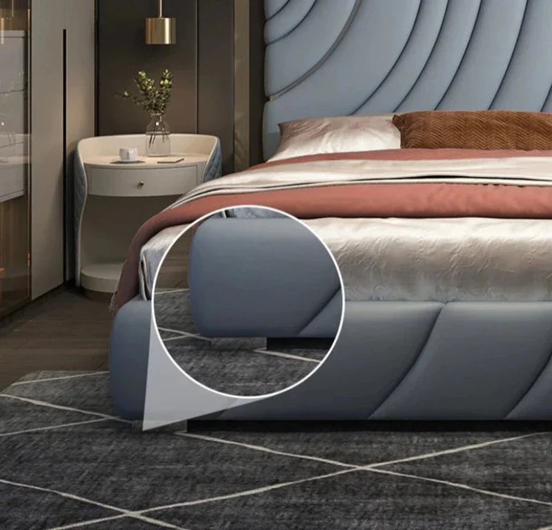 King Size Bed with Wave-Contoured Upholstered Headboard for Lumbar And Neck Support – Premium Blue Design with Optional Hydraulic Storage Base