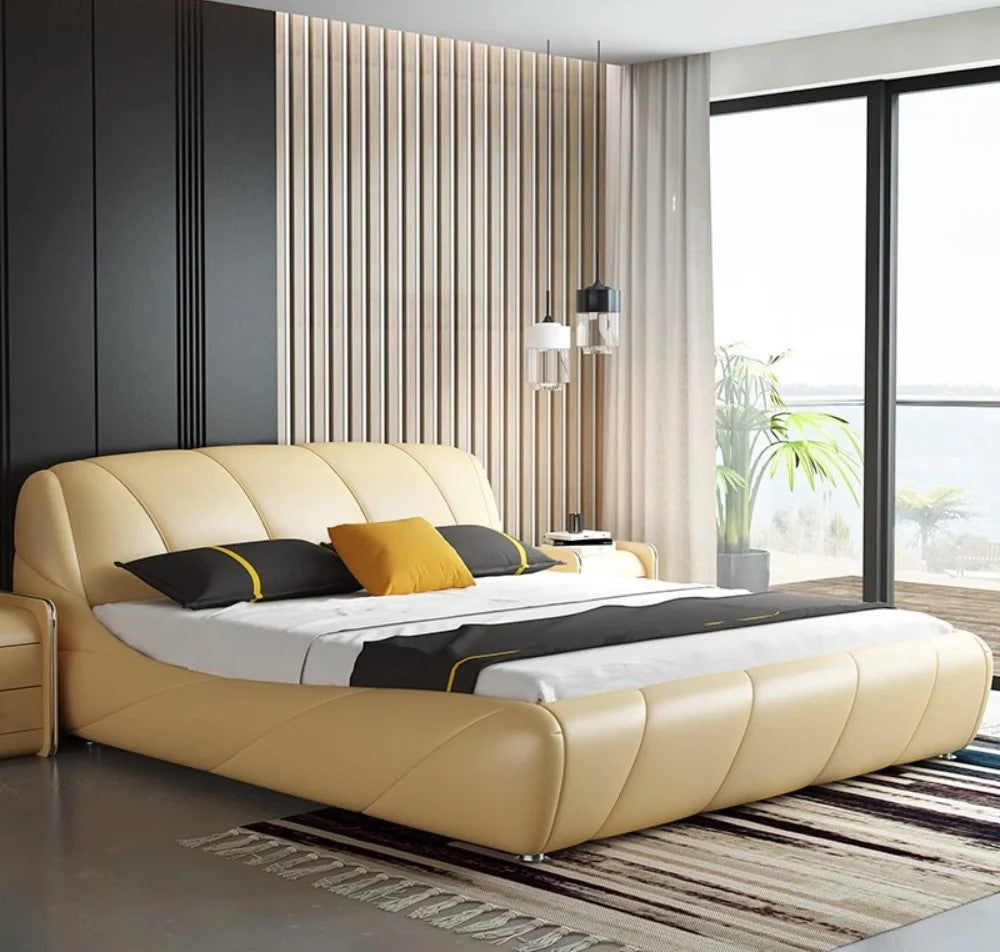 Luxury King Size Upholstered Bed with Extra High Vertical Paneled Headboard, Gold Metallic Trim – Available with Hydraulic Storage