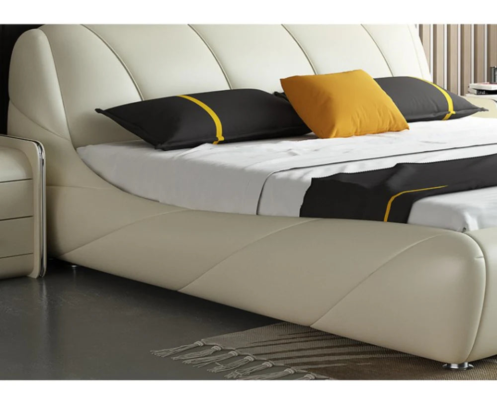 Luxury King Size Upholstered Bed with Extra High Vertical Paneled Headboard, Gold Metallic Trim – Available with Hydraulic Storage
