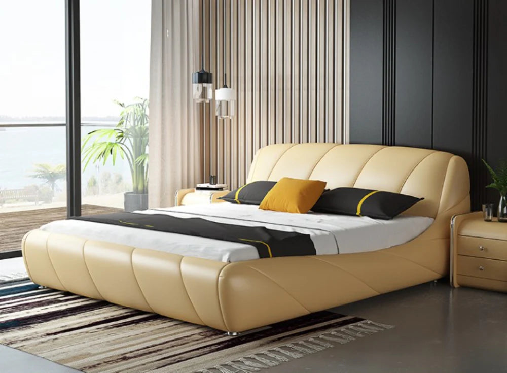 Luxury King Size Upholstered Bed with Extra High Vertical Paneled Headboard, Gold Metallic Trim – Available with Hydraulic Storage