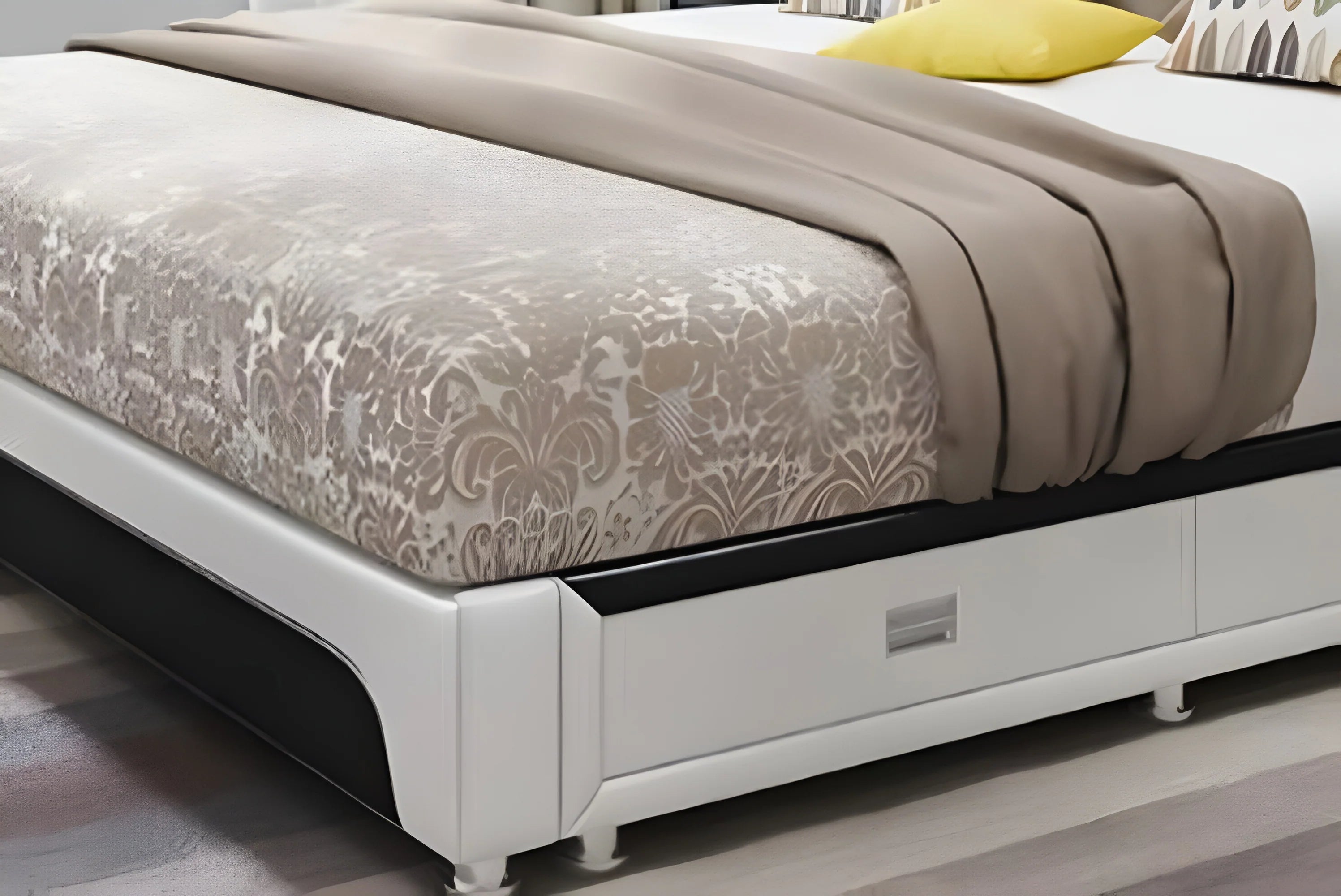 Luxury King Size Grey Leatherette Bed with Integrated Side Cupboard Storage, Curved High-Back Headboard