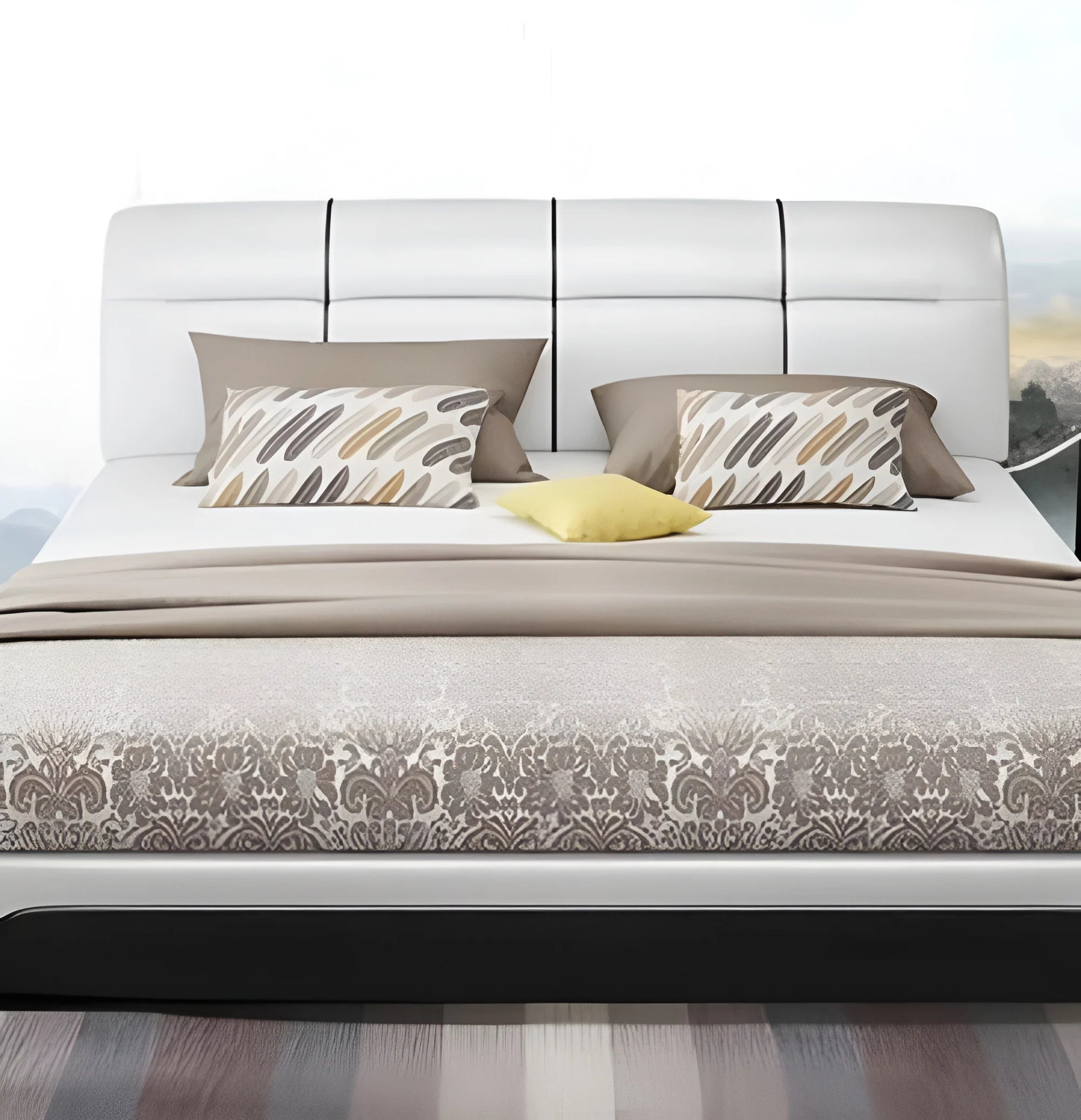 Luxury King Size Grey Leatherette Bed with Integrated Side Cupboard Storage, Curved High-Back Headboard