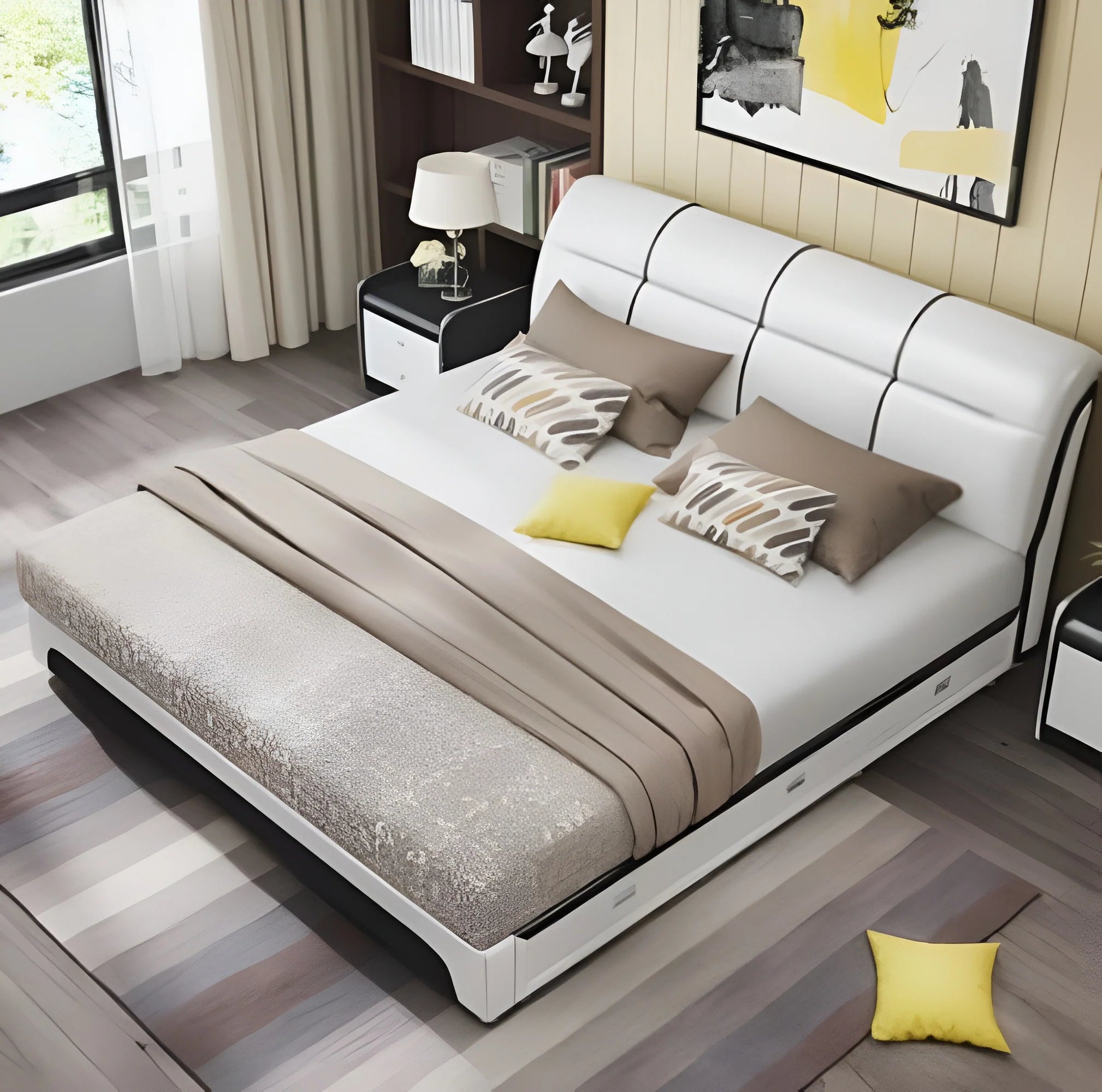 Orion Luxury King Size Grey Leatherette Bed with Integrated Side Cupboard Storage, Curved High-Back Headboard