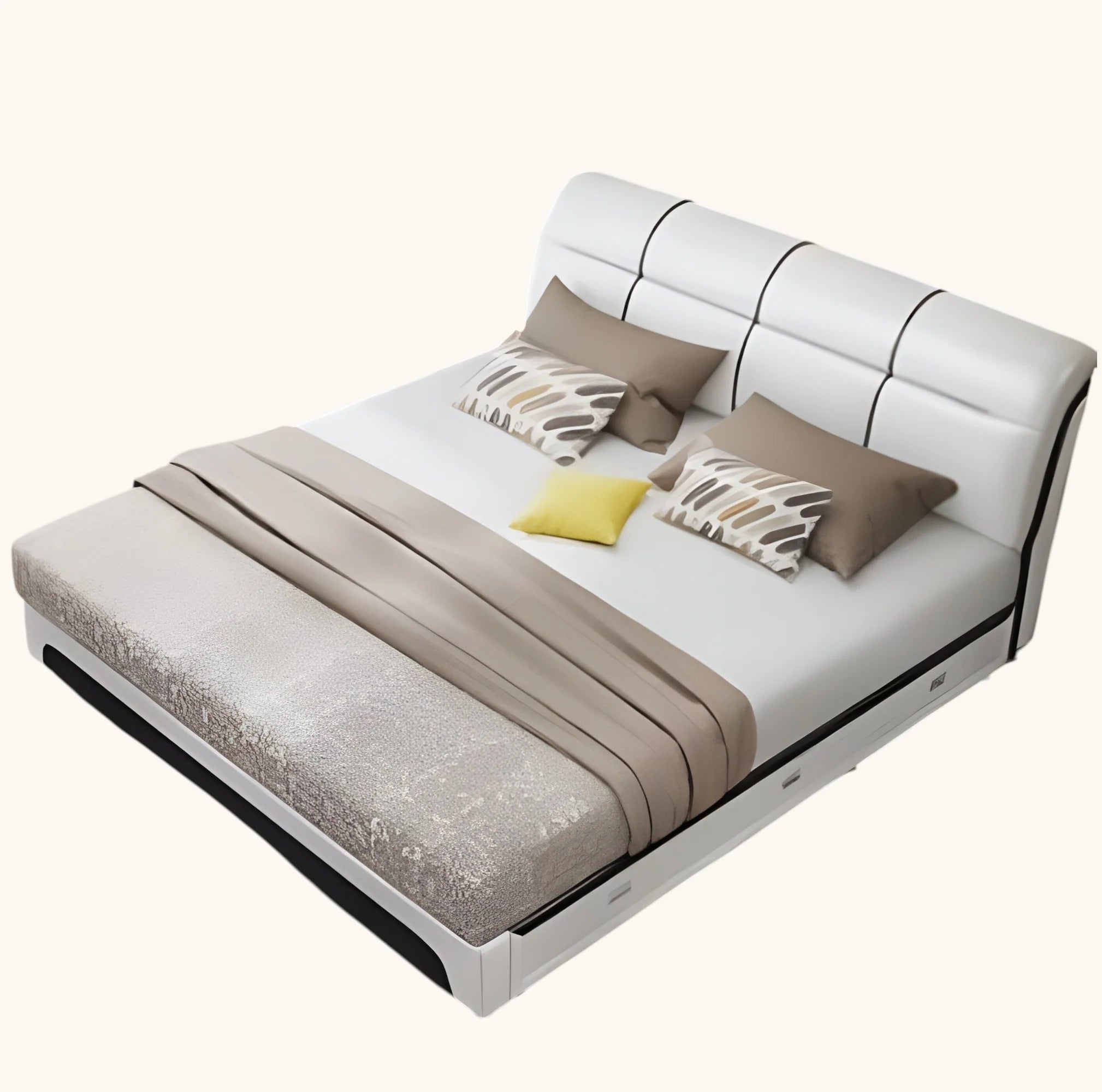 Luxury King Size Grey Leatherette Bed with Integrated Side Cupboard Storage, Curved High-Back Headboard