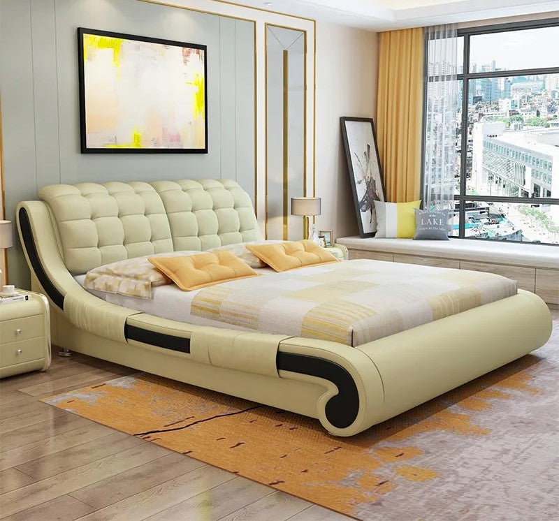 কুইন সাইজের বিছানা প্লাইউড প্যাডিং, বিল্ট-ইন এলইডি লাইট সহ সোনালী স্টিলের অ্যাকসেন্ট—বিলাসবহুল নকশা