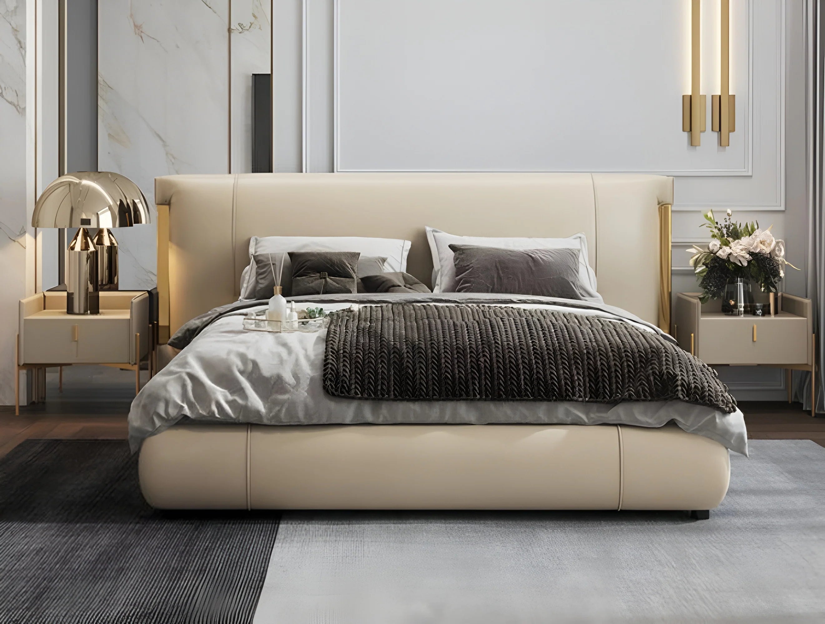 Heritage Luxury King Size Beige Upholstered Bed with Extra High Vertical Fluted Headboard, Curved Wingback , Available with Hydraulic Storage