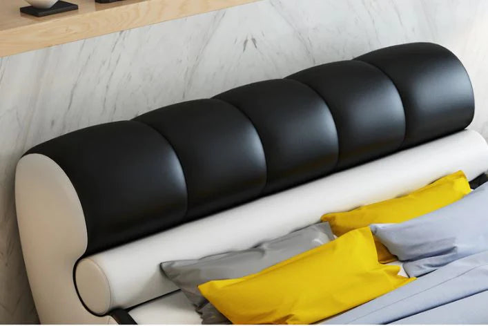 Luxury King Size Sand Beige Upholstered Bed with Dual-Texture Geometric Headboard, and Polished Metal Legs – Available with Hydraulic Storage