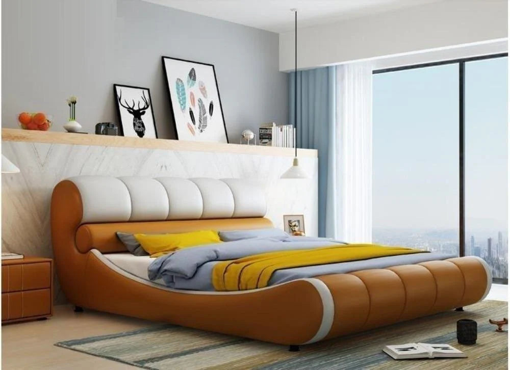 Luxury King Size Sand Beige Upholstered Bed with Dual-Texture Geometric Headboard, and Polished Metal Legs – Available with Hydraulic Storage