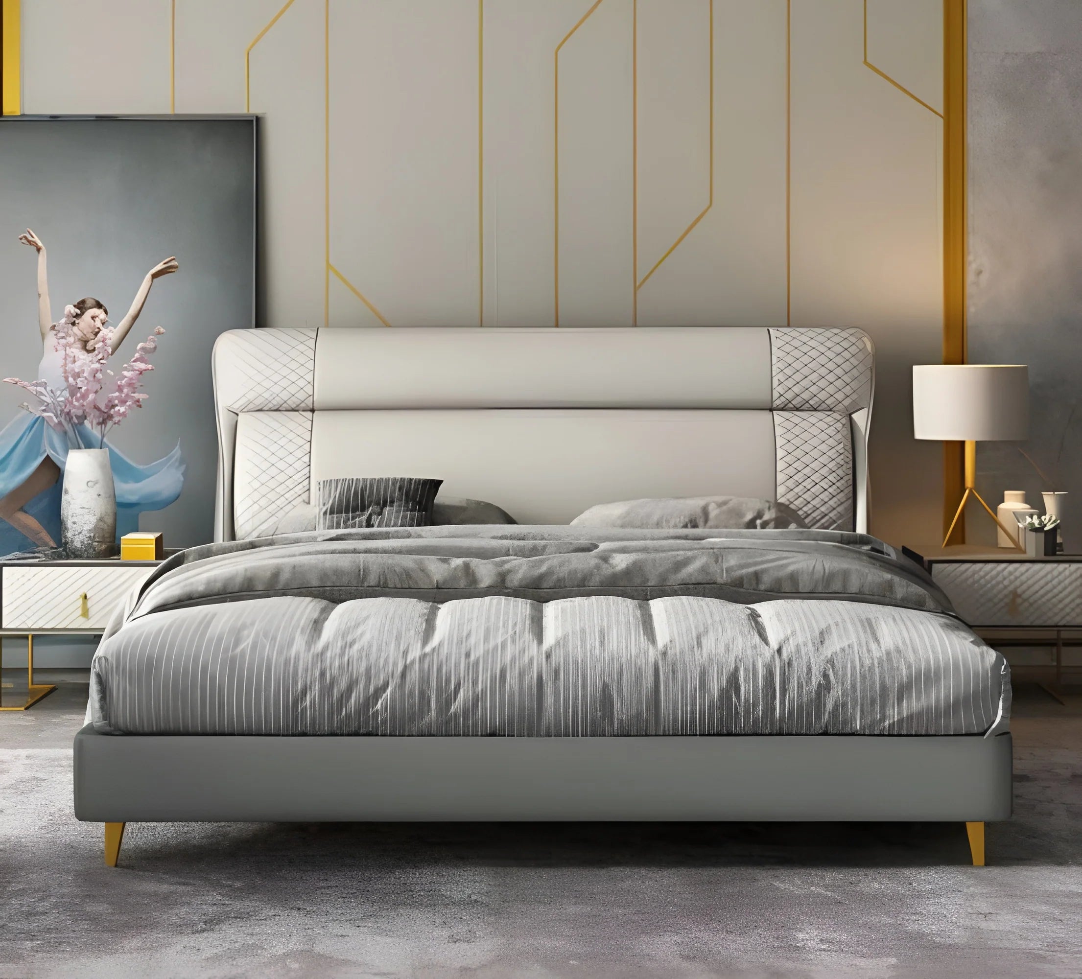 Luxury King Size Sand Beige Upholstered Bed with Geometric Patterned Headboard, and Low-Profile Metal Legs – Available with Hydraulic Storage
