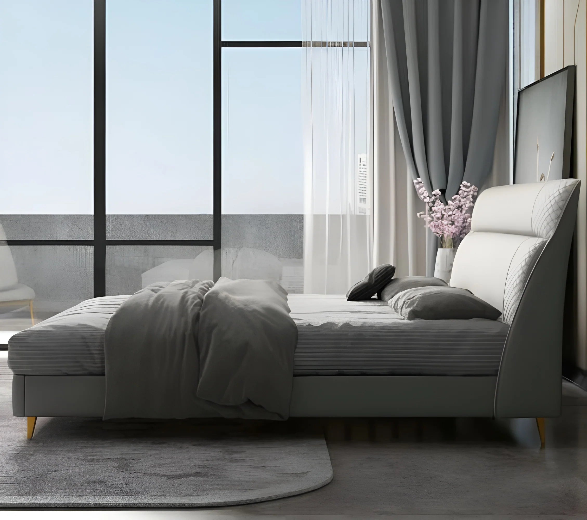 Luxury King Size Sand Beige Upholstered Bed with Geometric Patterned Headboard, and Low-Profile Metal Legs – Available with Hydraulic Storage