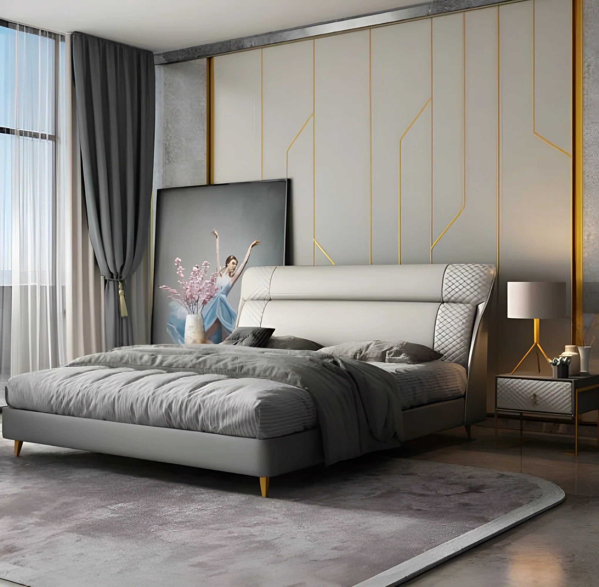 Luxury King Size Sand Beige Upholstered Bed with Geometric Patterned Headboard, and Low-Profile Metal Legs – Available with Hydraulic Storage