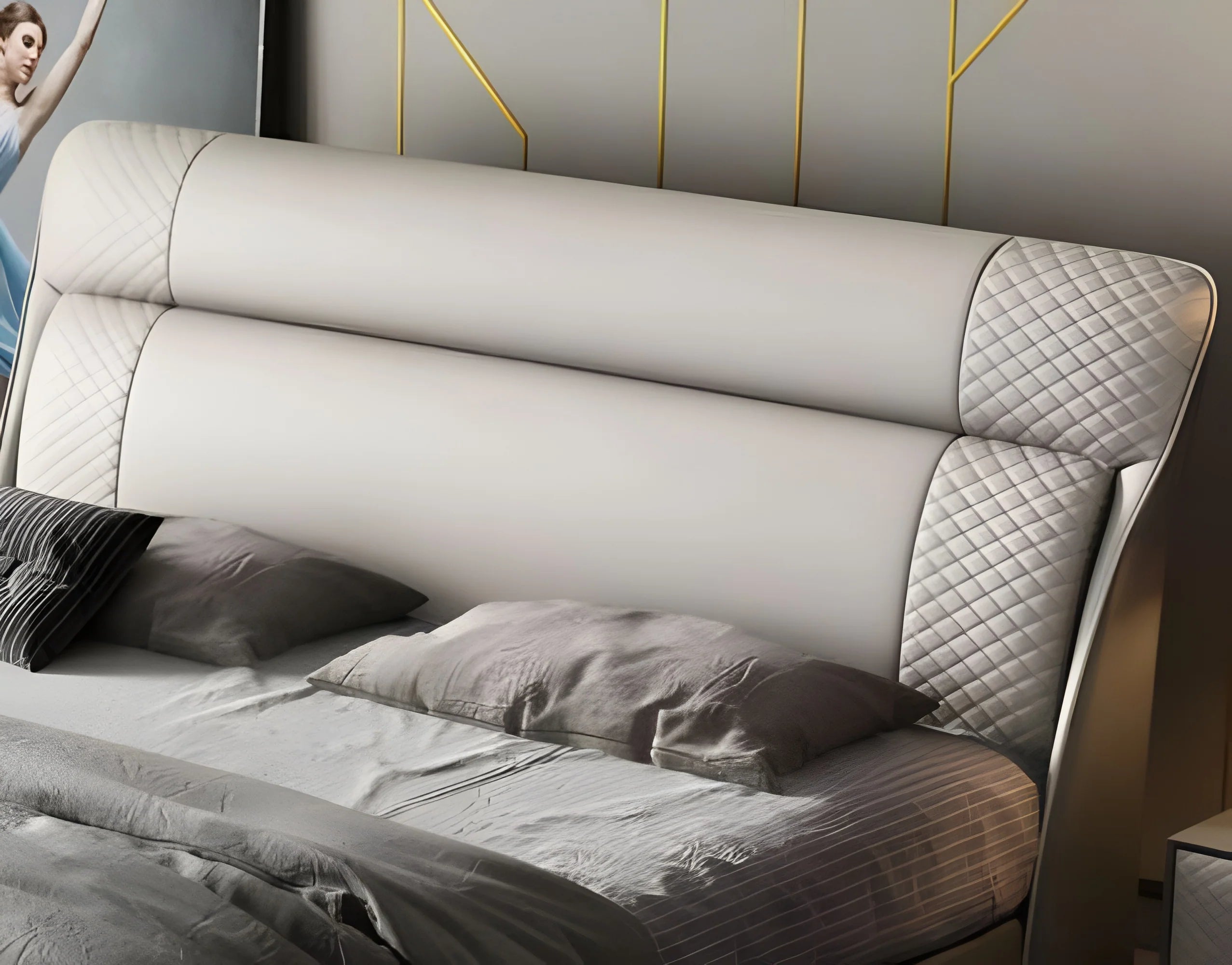 Luxury King Size Sand Beige Upholstered Bed with Geometric Patterned Headboard, and Low-Profile Metal Legs – Available with Hydraulic Storage