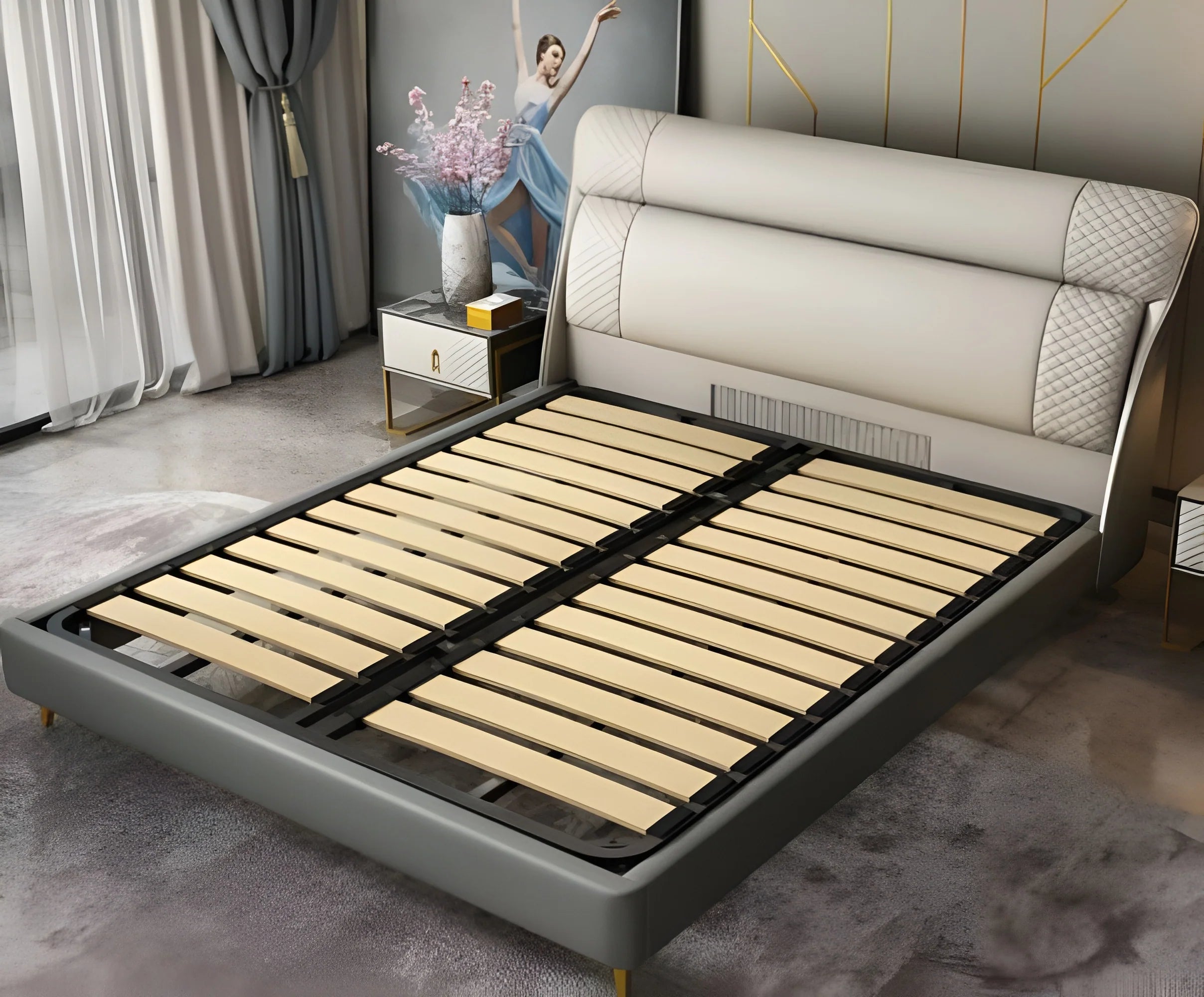 Luxury King Size Sand Beige Upholstered Bed with Geometric Patterned Headboard, and Low-Profile Metal Legs – Available with Hydraulic Storage