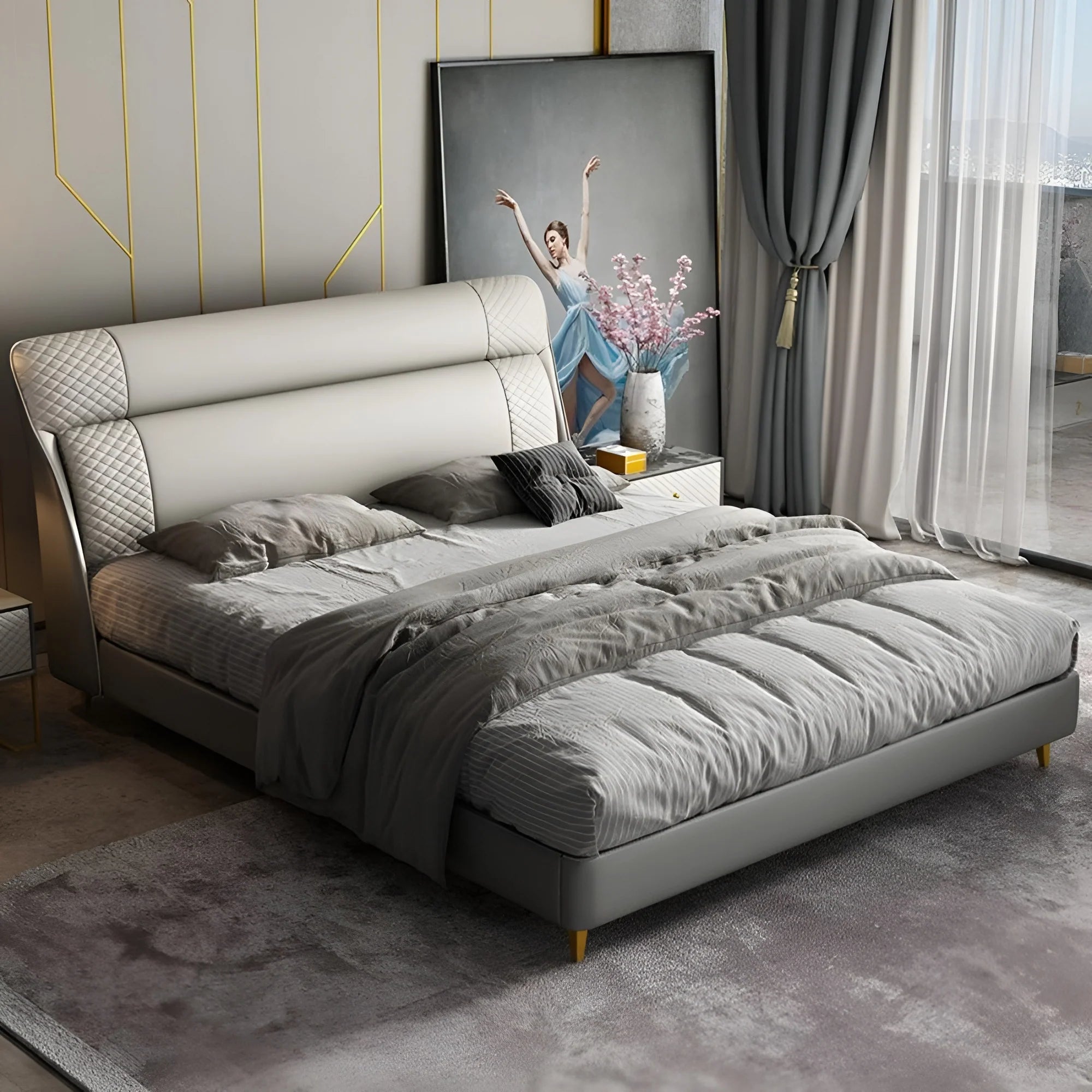Luxury King Size Sand Beige Upholstered Bed with Geometric Patterned Headboard, and Low-Profile Metal Legs – Available with Hydraulic Storage