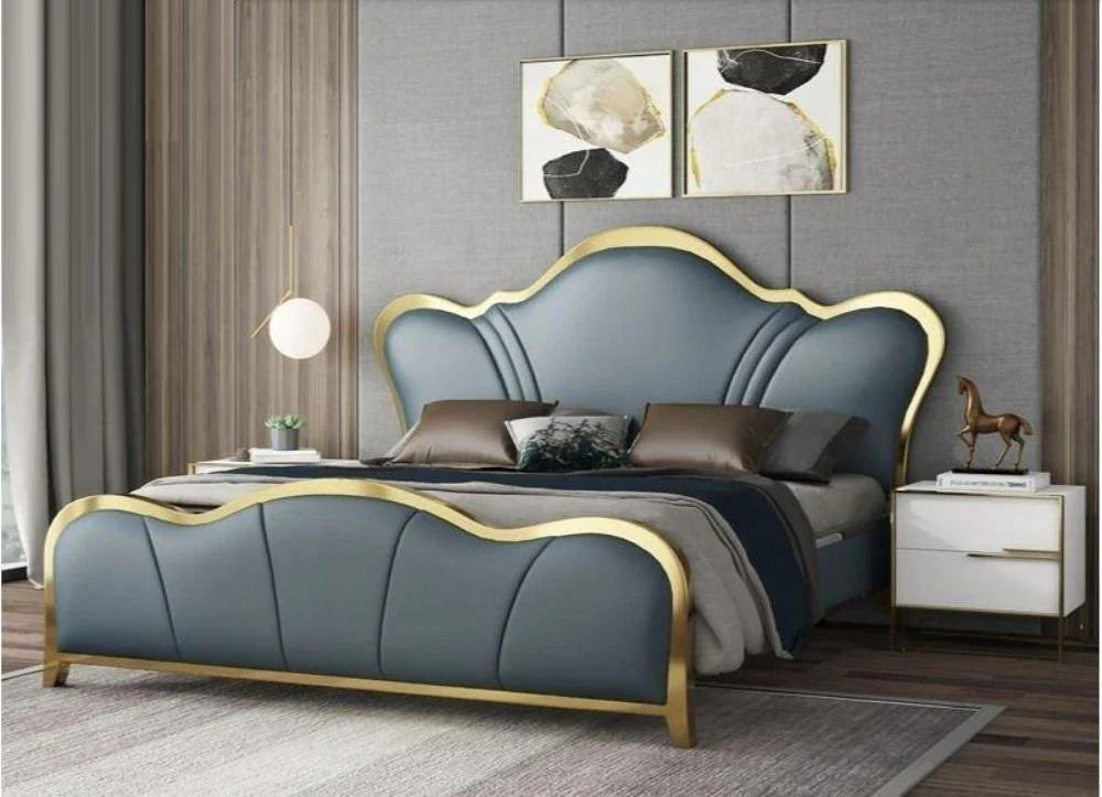 Premium King Size Burnt Orange Upholstered Bed with Vertical Channel Tufted Headboard and Large Polished Gold Metal Legs – Available with Hydraulic Storage