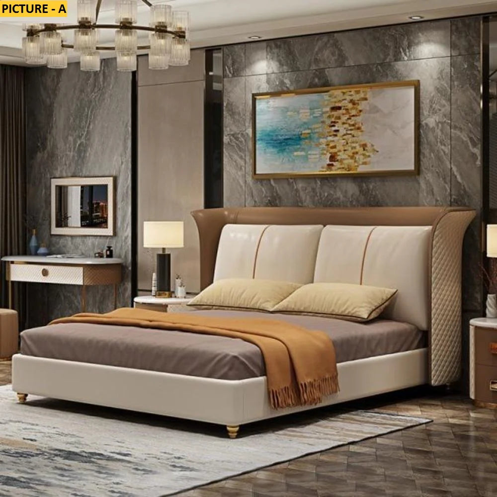 Luxury King Size Grey Leatherette Bed with Triple-Layered Geometric Headboard, and Polished Round Metal Legs – Storage &amp; Non-Storage