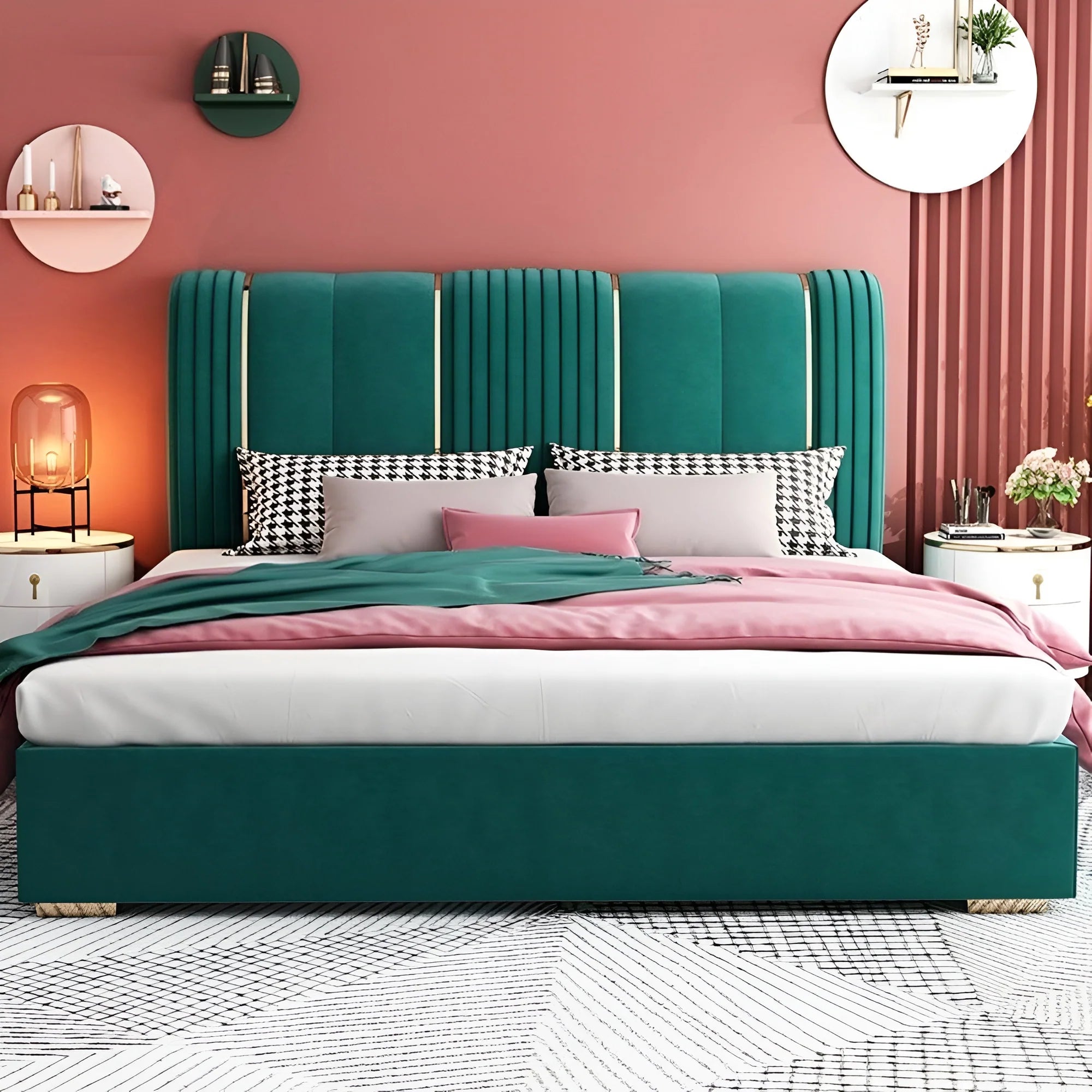 Premium King Size Dual-Tone Upholstered Bed with Vertical Paneled Headboard, Gold Metallic Inlays, and Recessed Plinth Base – Available with Hydraulic Storage