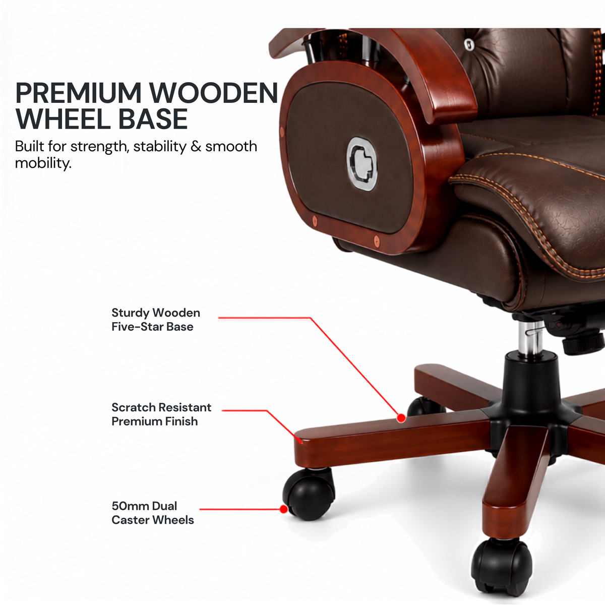 High Back Leatherette and Pure Leather Wooden Director Office Chair with Wooden Base and Handle, Wooden chair