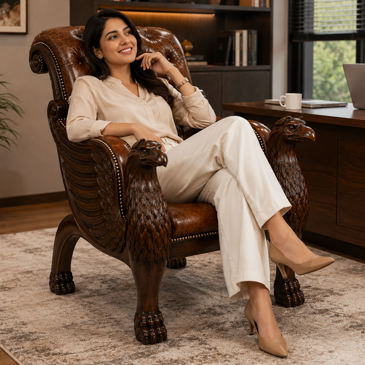 Royal Handcrafted Director's Chair – Solid Teak Wood with Leatherette Upholstery & Brown Carved Armrests