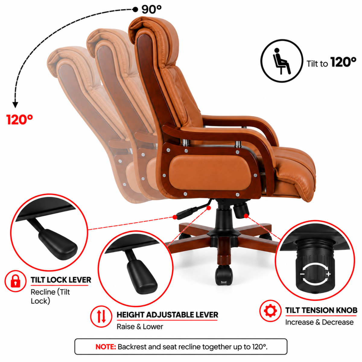 High Back Executive Chair for Office | Leatherette Upholstery with Wooden Base & Handle | Revolving Director Chair with Cushioned Seat & Headrest | Boss Chair Brown