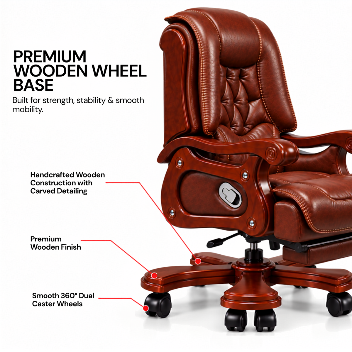 High Back Luxury Office Director Chair Made in Plyboard with Leatherette and High Density Foam & Recliner Feature and Double Wheel with wooden Polish