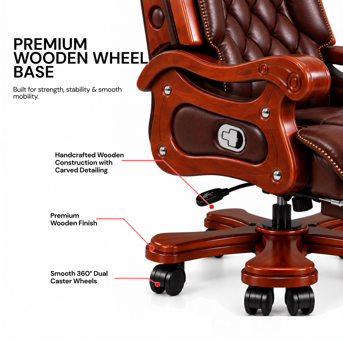 Luxury Office Director Chair Made in Teak wood with Leatherette and Soft Padded - Armrest and Swivel Base and Polish, 150° Reclining Office Seat -Brown