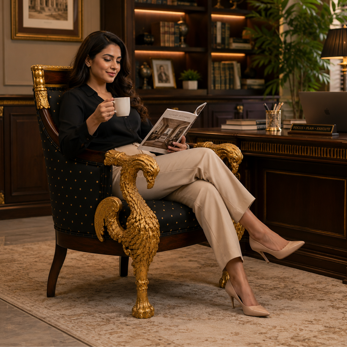 Royal Handcrafted Director's Chair – Solid Teak Wood with Fabric Upholstery & Golden Carved Armrests