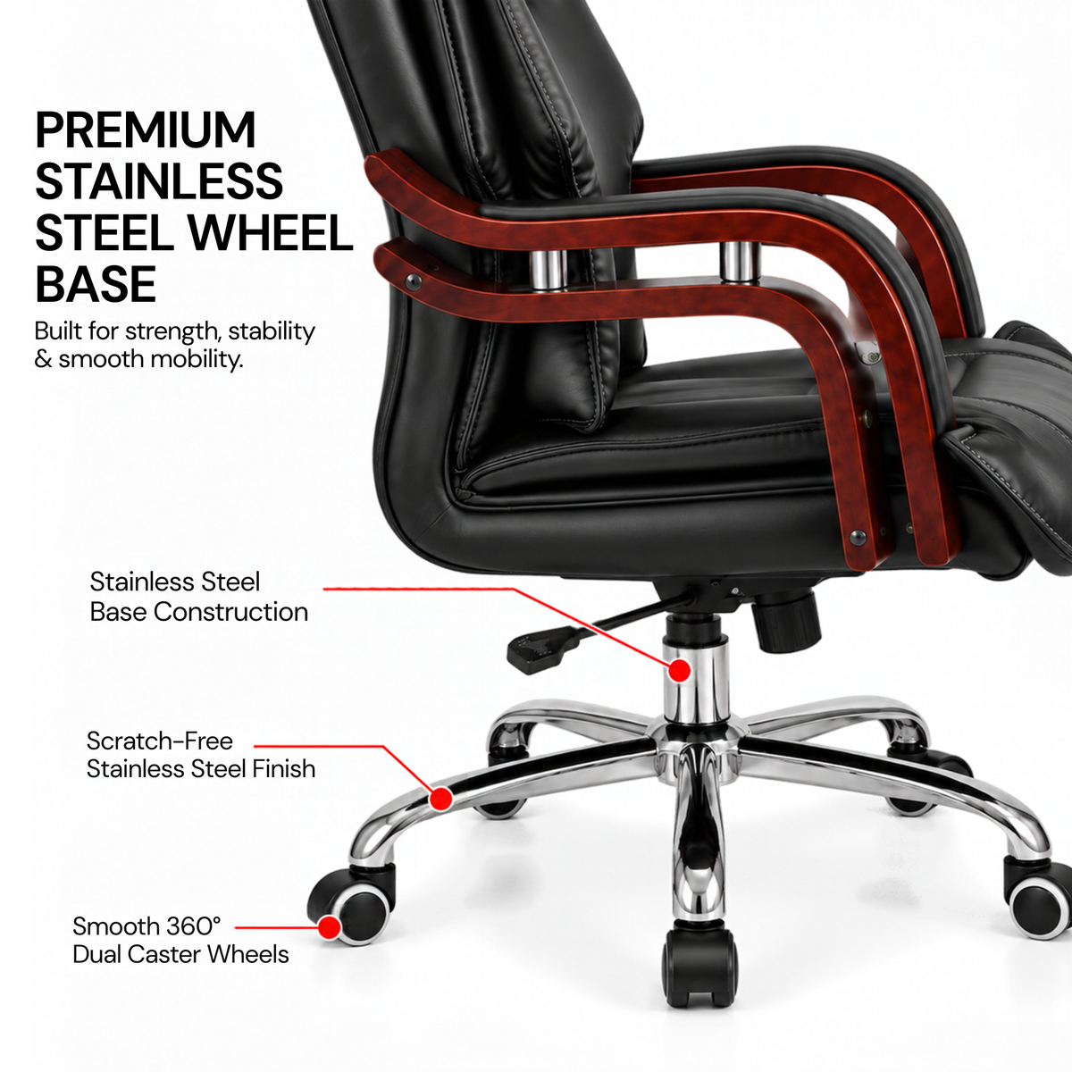 Luxury Boss Chair with High Back Leatherette Design and Stylish Chrome Base and Wooden Handle