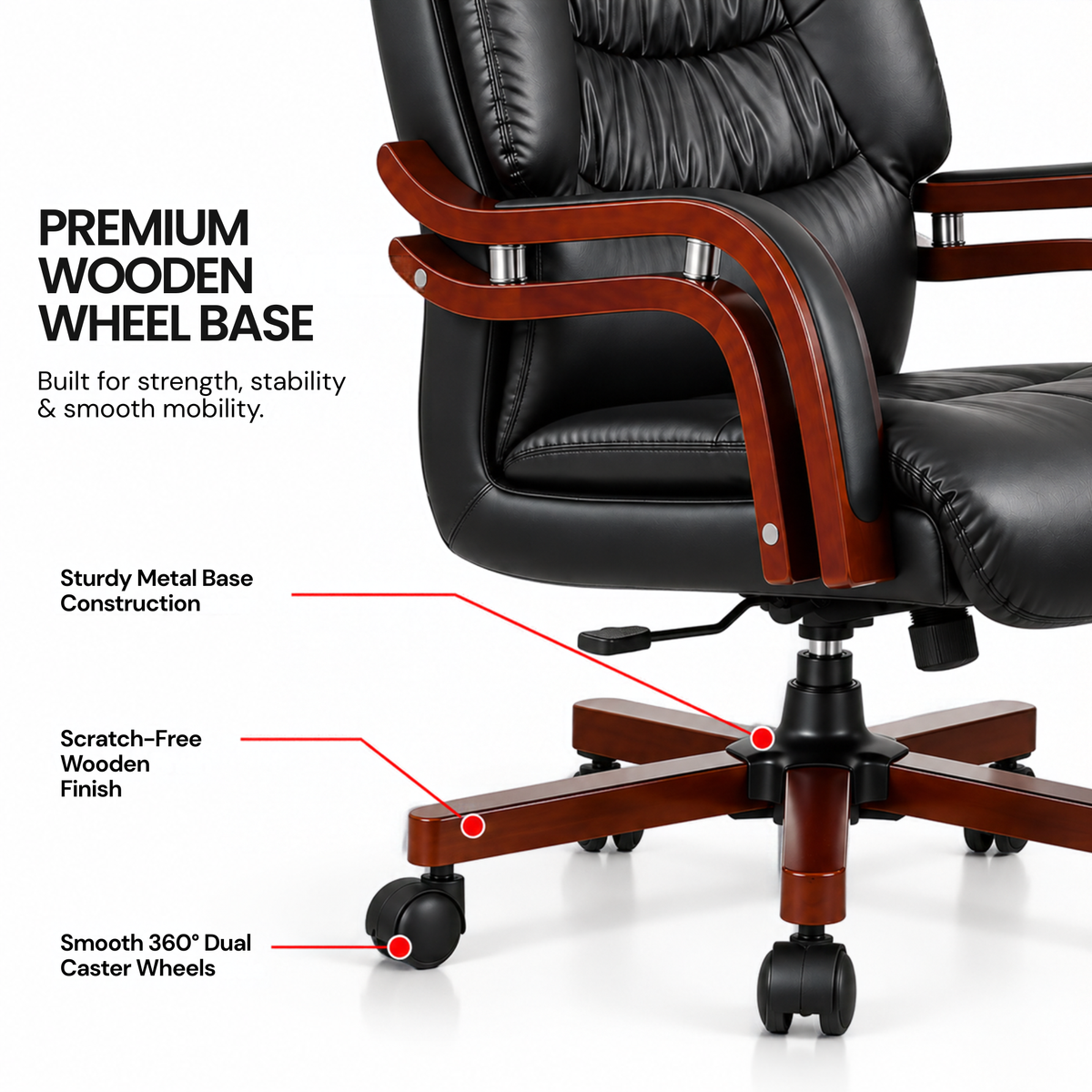 High Back Director Chair for office Made in Plyboard with Leatherette Upholstery & Armrest with wooden WheelBase & Revolving Chair -black