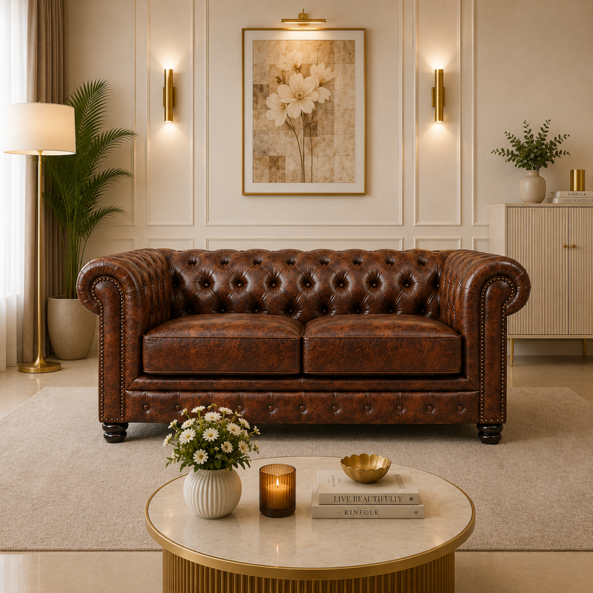 3 Seater chesterfield sofa Modern Design and Leatherette fabric Durable & Comfortable Padded Perfect for living Room -Brown