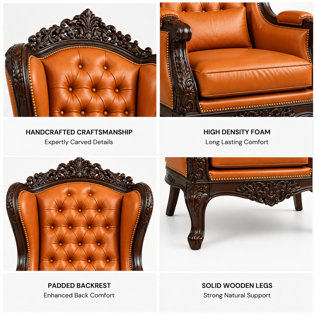 Royal Maharaja High Back Chair, upholstered in luxurious Leatherette, featuring wide armrests and design and Hand Crafting Chair Durable & High Comfort Chair