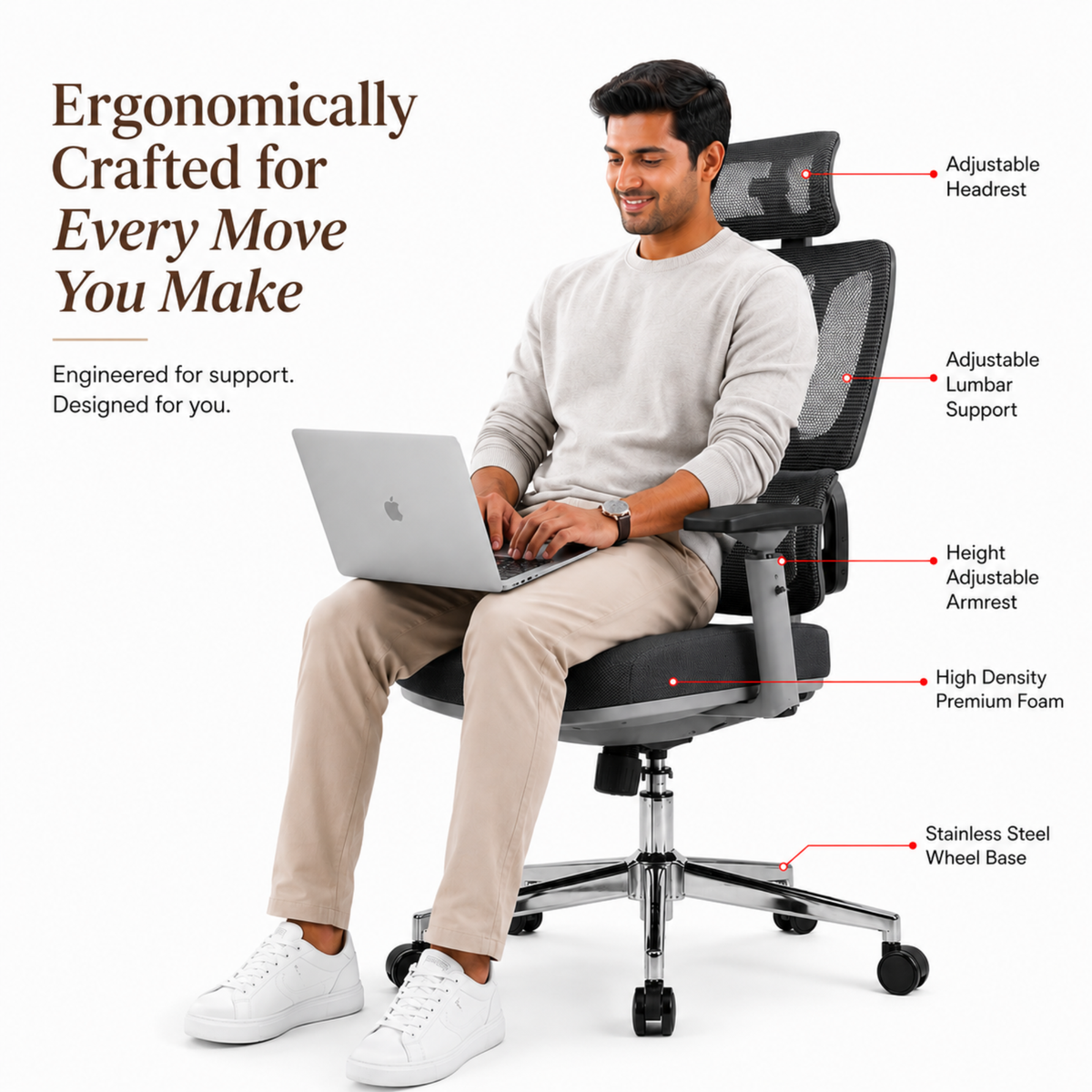 Executive High Back Mesh Chair with Adjustable Headrest, Ergonomic Lumbar Support, Breathable, Comfortable Seat Cushion, Smooth Swivel Base for Office