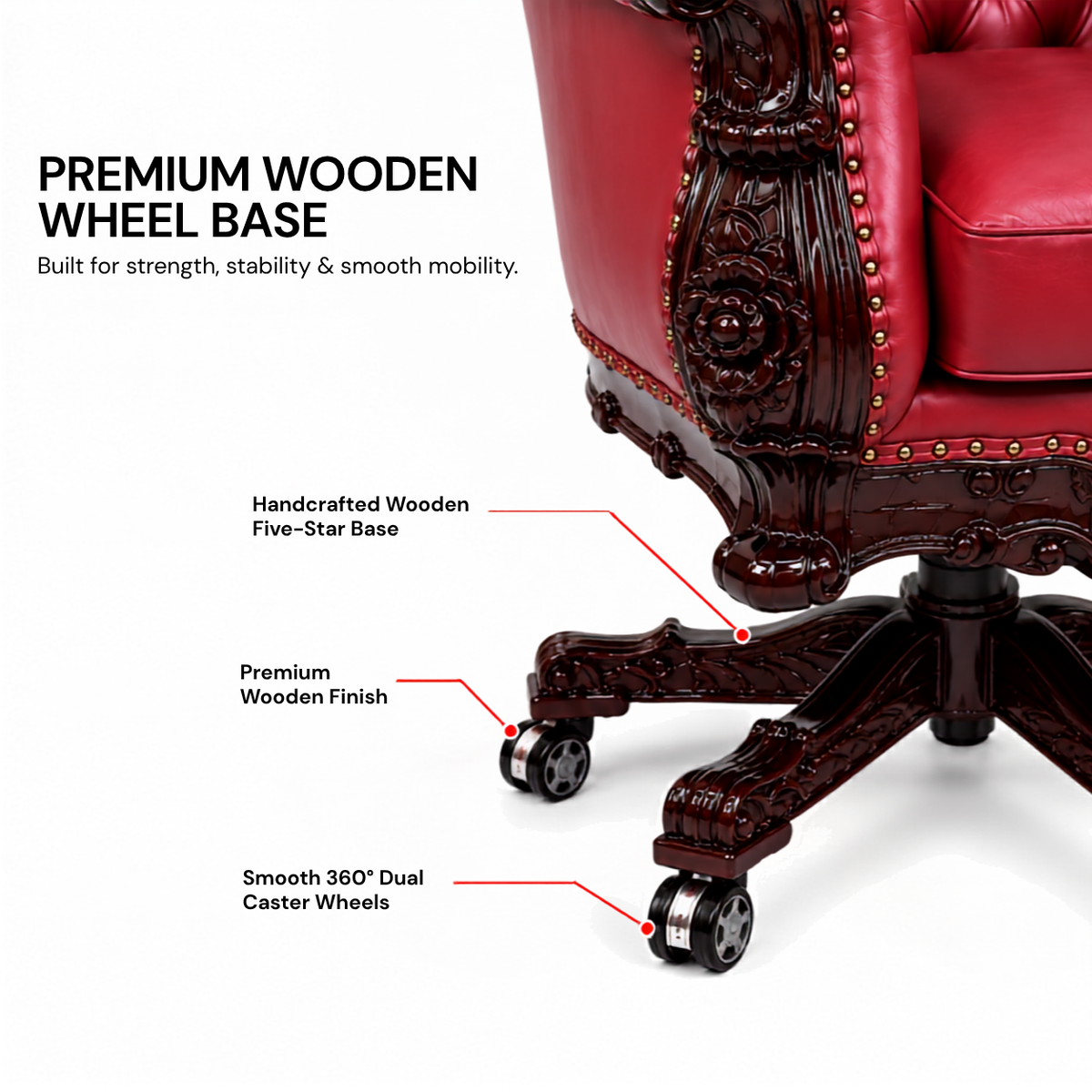 Design Hand Carved Teak Wood Adjustable Height 360D Swivel Button Tufted Office Armrest Chair