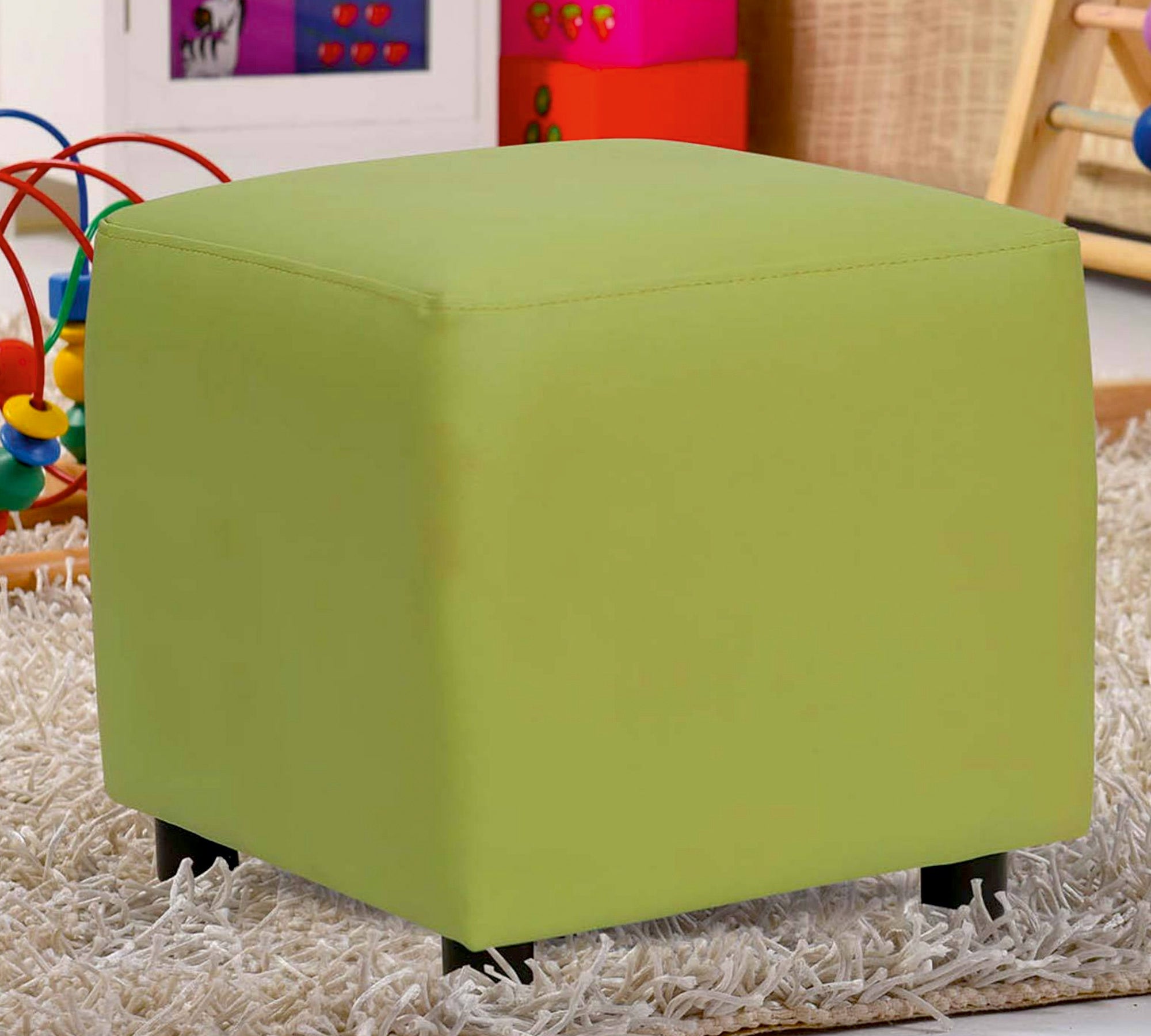 Modern Lime Green Cube Pouffe Ottoman - Square Footstool for Kids Playroom, Nursery & Living Room