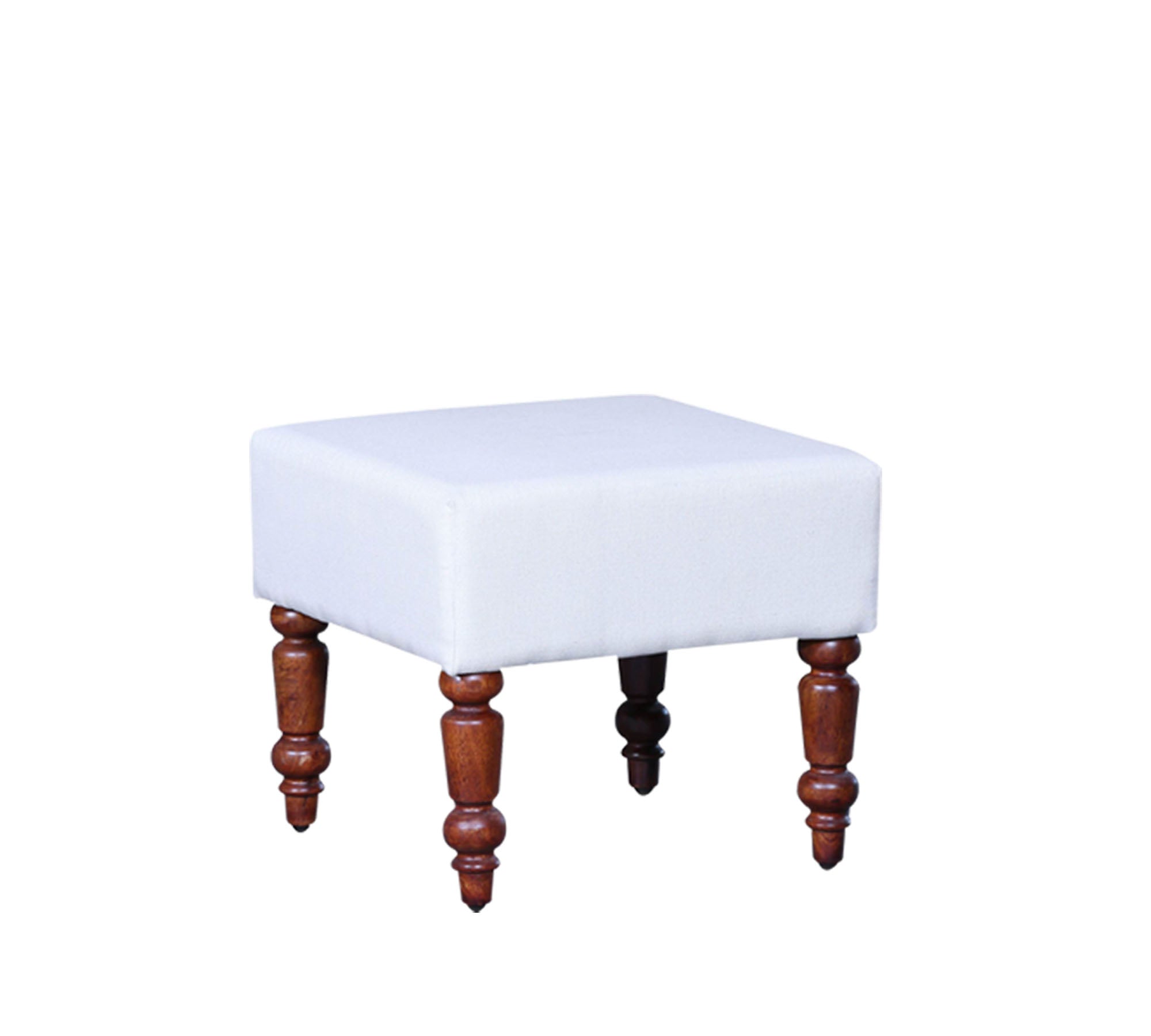 Classic White Square Ottoman Footstool with Turned Wood Legs and Elegant Pouffe for Living Room