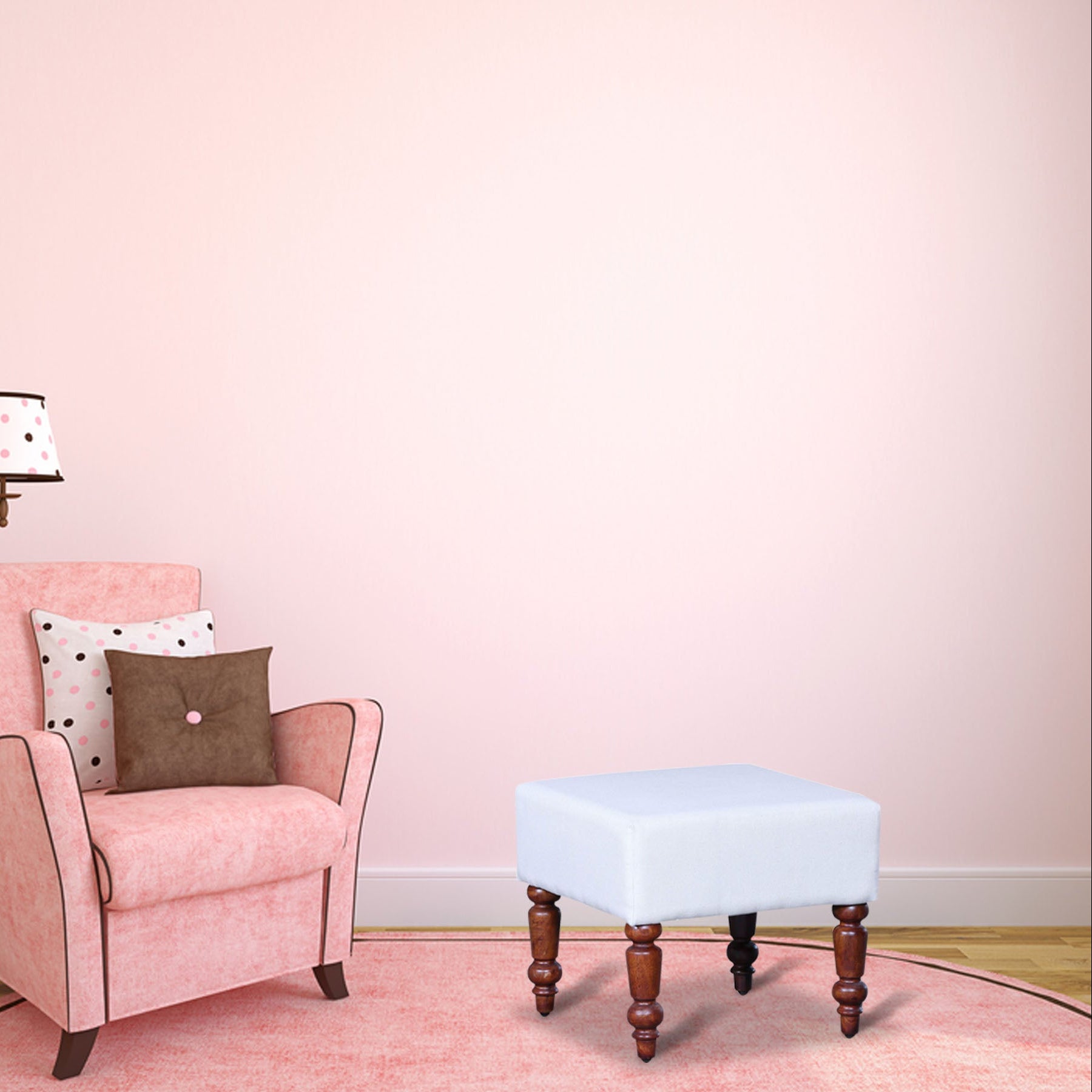 Classic White Square Ottoman Footstool with Turned Wood Legs and Elegant Pouffe for Living Room