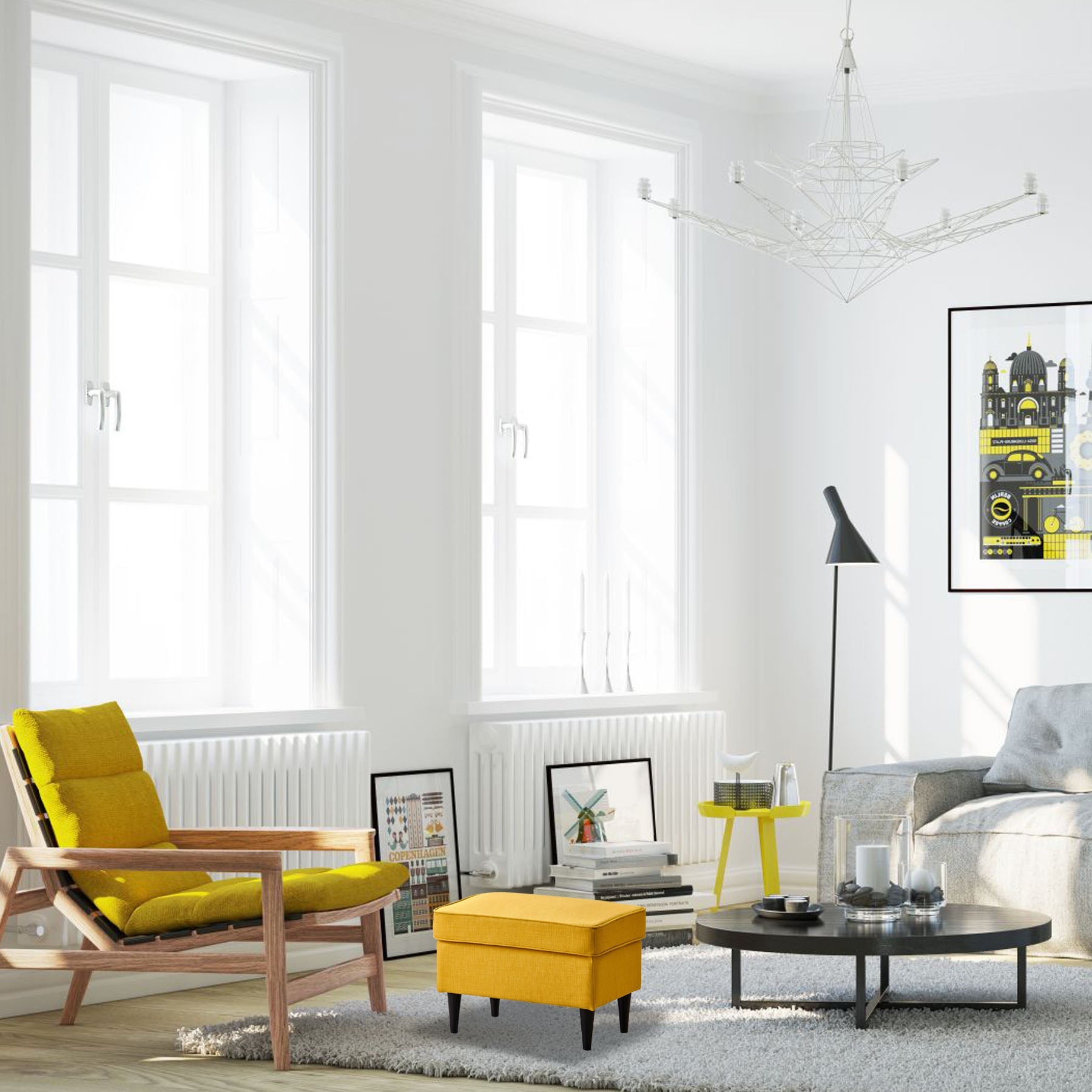 Mustard Fabric Ottoman with Wooden Legs and Rectangular Footstool for Living Room