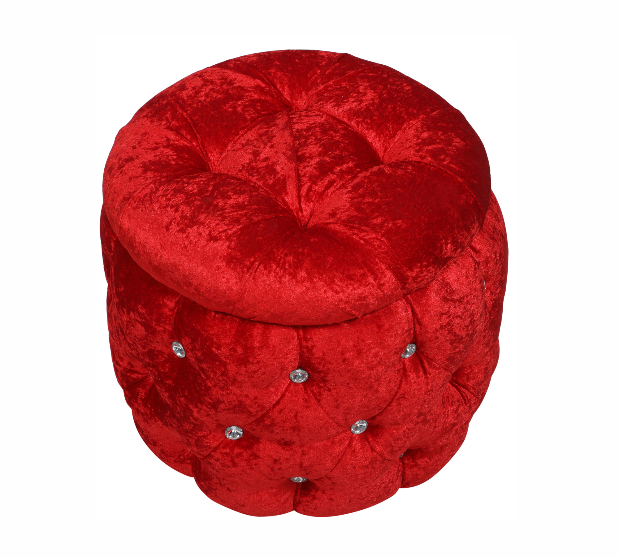 Luxury Red Velvet Round Ottoman with Storage and Crystal Buttons, Extra Seating for Living Room