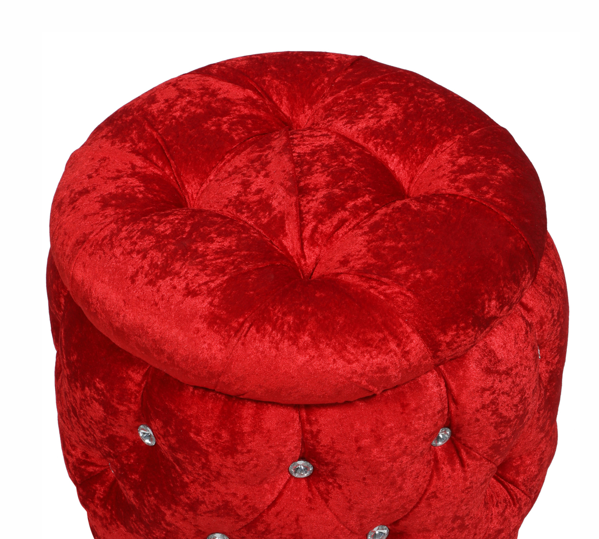 Luxury Red Velvet Round Ottoman with Storage and Crystal Buttons, Extra Seating for Living Room