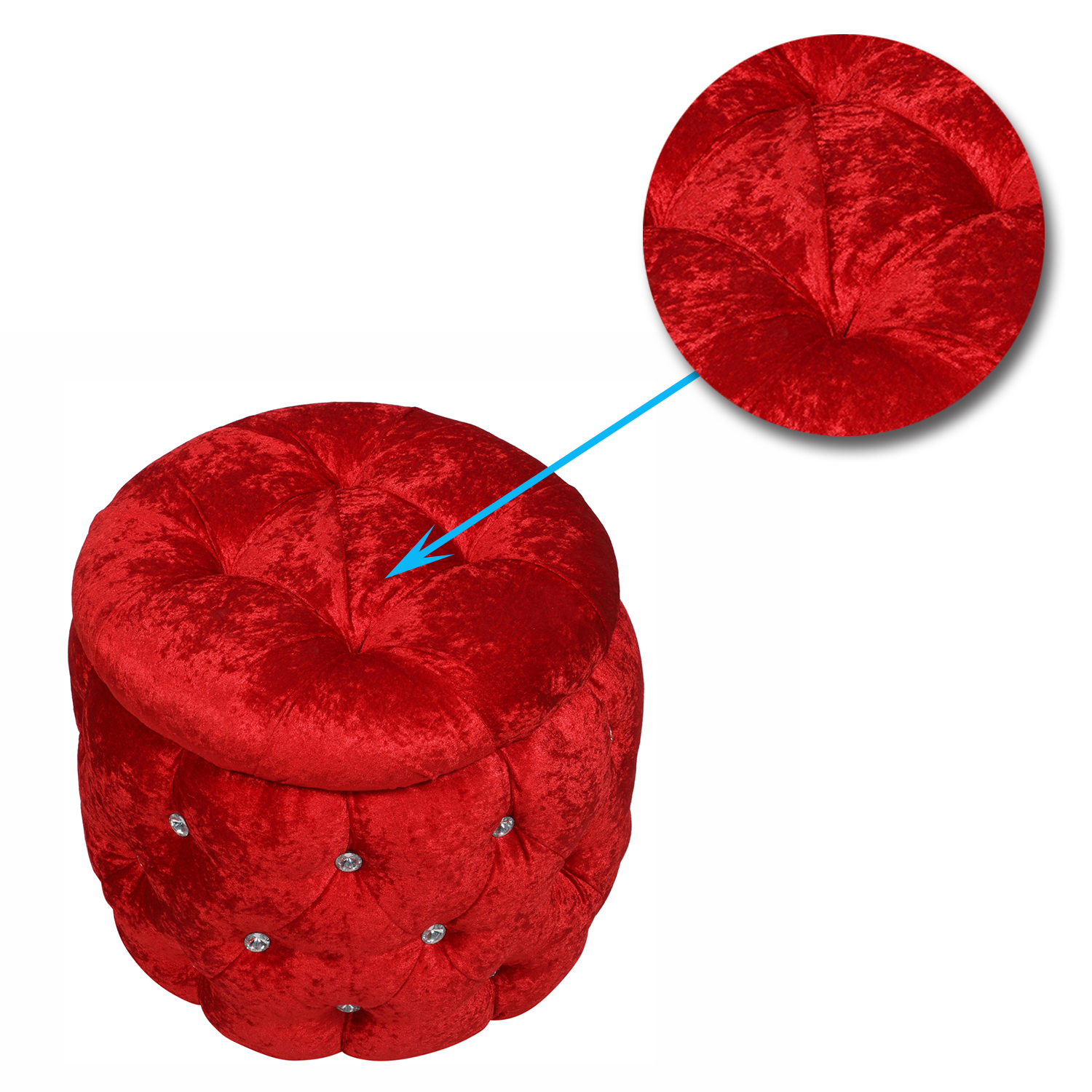 Luxury Red Velvet Round Ottoman with Storage and Crystal Buttons, Extra Seating for Living Room