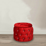 Luxury Red Velvet Round Ottoman with Storage and Crystal Buttons, Extra Seating for Living Room