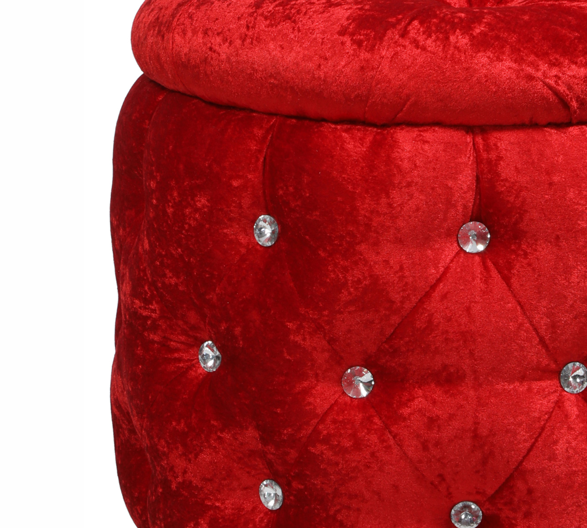 Luxury Red Velvet Round Ottoman with Storage and Crystal Buttons, Extra Seating for Living Room