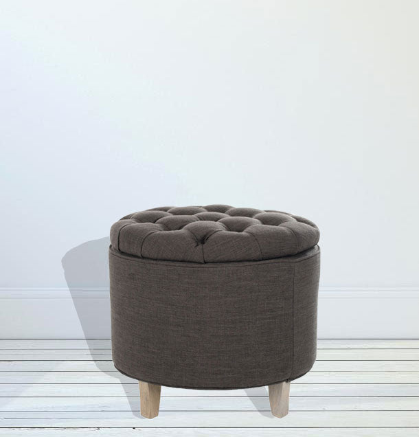 Modern Round Pouffe with Storage and Upholstered Footstool Seat, Wooden Legs for Living Room